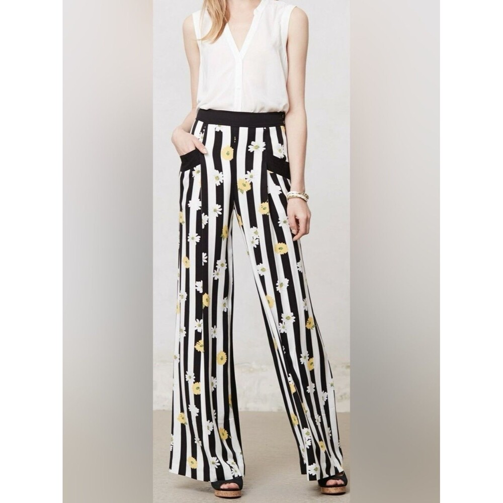 Eleveness 4 Black & White Striped Wide-Leg Pants with Yellow Floral Print